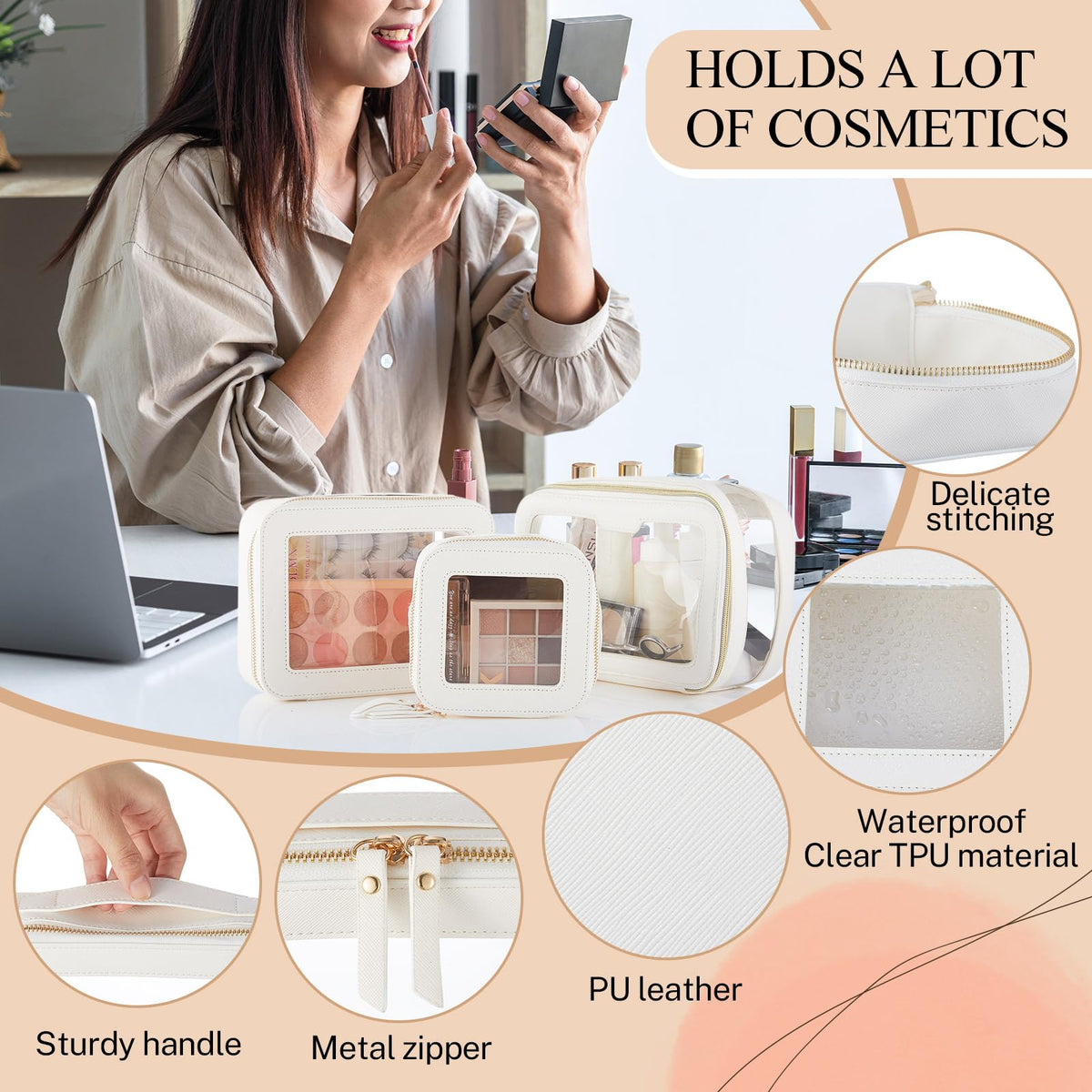 4 Pcs Leather Clear Makeup Bags Set for Women Travel Clear Cosmetic Case Toiletry Bags with Zipper Makeup Brush Case Waterproof Organizer Storage for Women Men Travel Accessories, 4 Sizes(White)