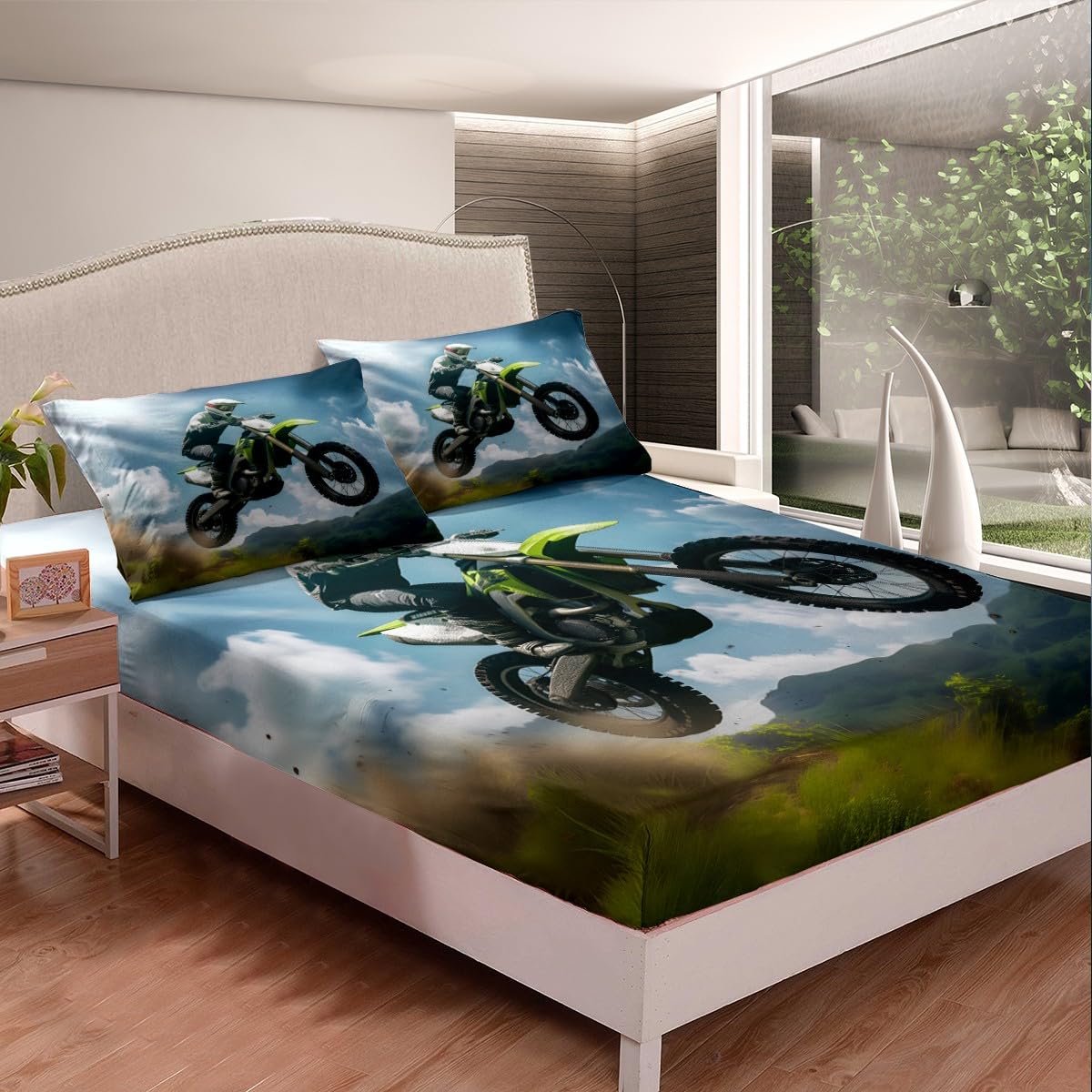 Feelyou Dirt Bike Bedding Set Extreme Sports Theme Bed Sheet Set Kids Boys Youth Motocross Racer Printed Duvet Cover Motorcycle Illustration Bed Cover Bedroom Decor 3Pcs Sheets Full Size