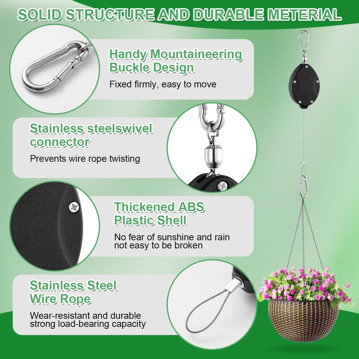 4 Pack Heavy Duty Retractable Plant Hangers, Adjustable Pull-Down Pulleys with 63" Stainless Steel Rope, Double Hooks for Hanging Plants, Bird Feeders, Planters & Pots, Indoor & Outdoor Use