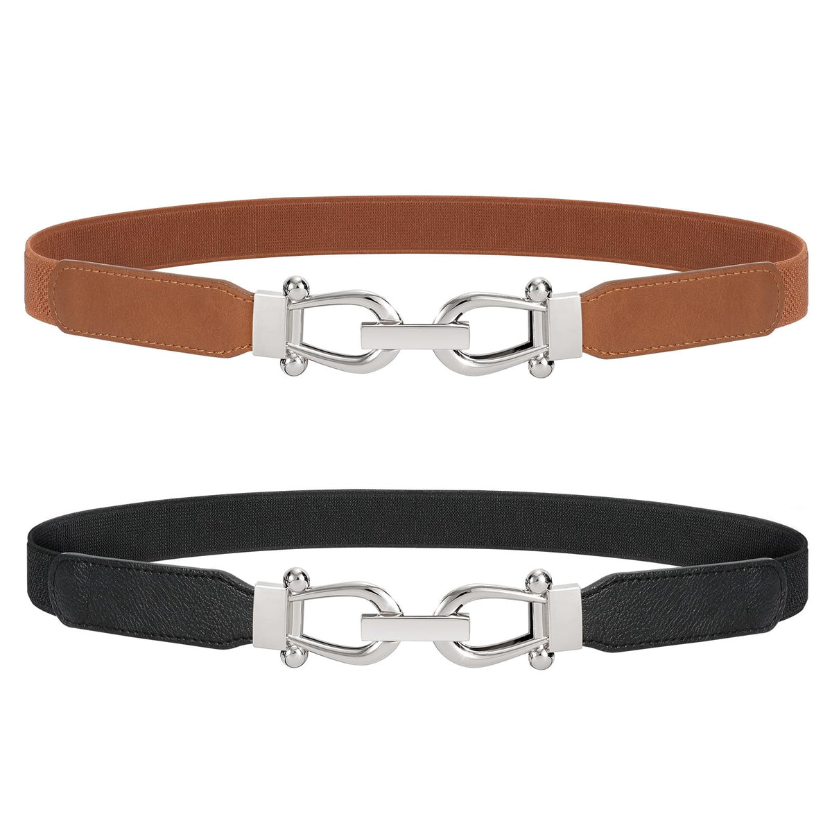 JASGOOD Women Stretchy Waist Belt Retro Elastic Skinny Belt for Ladies with Silver Buckle 2 Pack