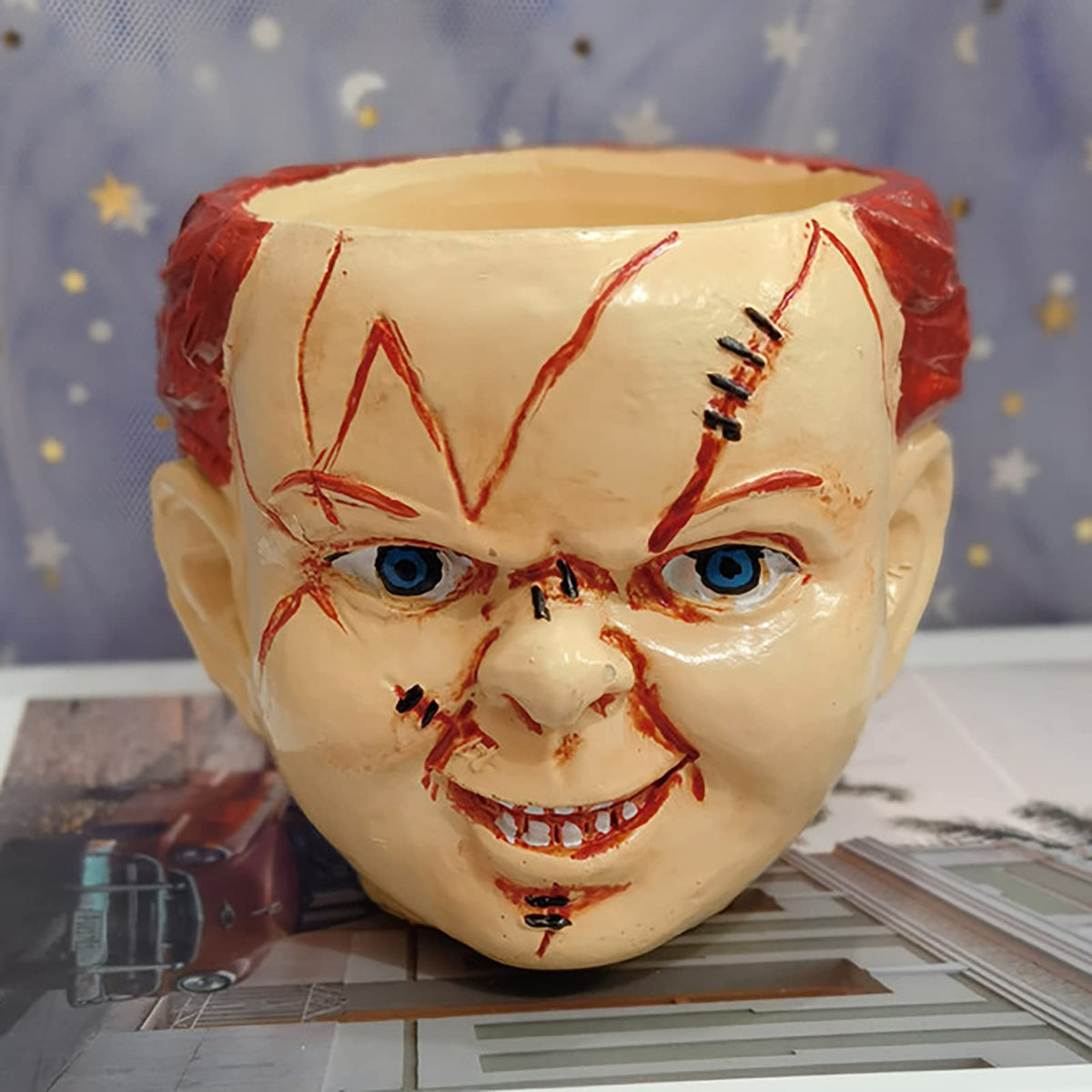 EJWCIG Horror Movie Planter Halloween Decor Scary Mini Head Skull Funny Zombie Plant Pot Gothic Unique Planters with Drainage Hole (Chucky)