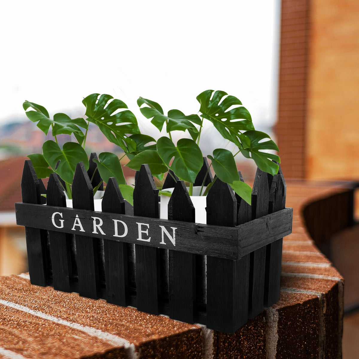 INOOMP Rectangular Wooden Flower Pot Planter Box with Decorative Fence Design, Nordic Style Balcony Planting Basket for Indoor Outdoor Garden Use, Black Wood Material
