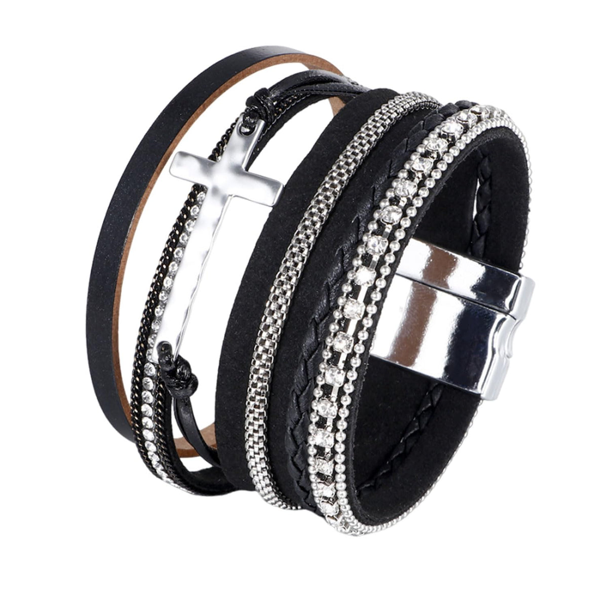 CARICY Cross Bracelets Leather Wrap Bracelets for Women Trendy Layered Clasp Bangle Cuff Stacked Bracelet Jewelry Birthday Christmas