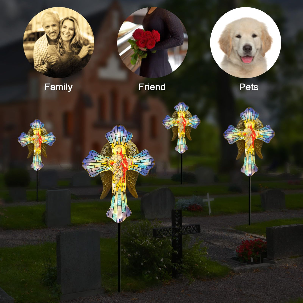 Solar Jesus Cross for Gemetery Graver,Golden Angel Wings,Grave Decorations for Cemetery,Sympathy Memorial Gifts,Christmas Yard Decor Outdoor