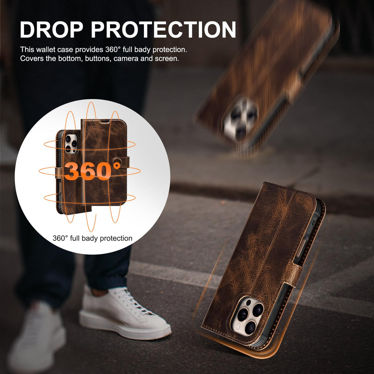 RMAWRAD Leather Case Compatible with iPhone 16 Pro Max Wallet 6.9",Genuine Leather 2in1 Magnetic Detachable Shockproof Kickstand,Flip Folio Cover with Card Slot,Wireless Charging RFID Blocking Brown