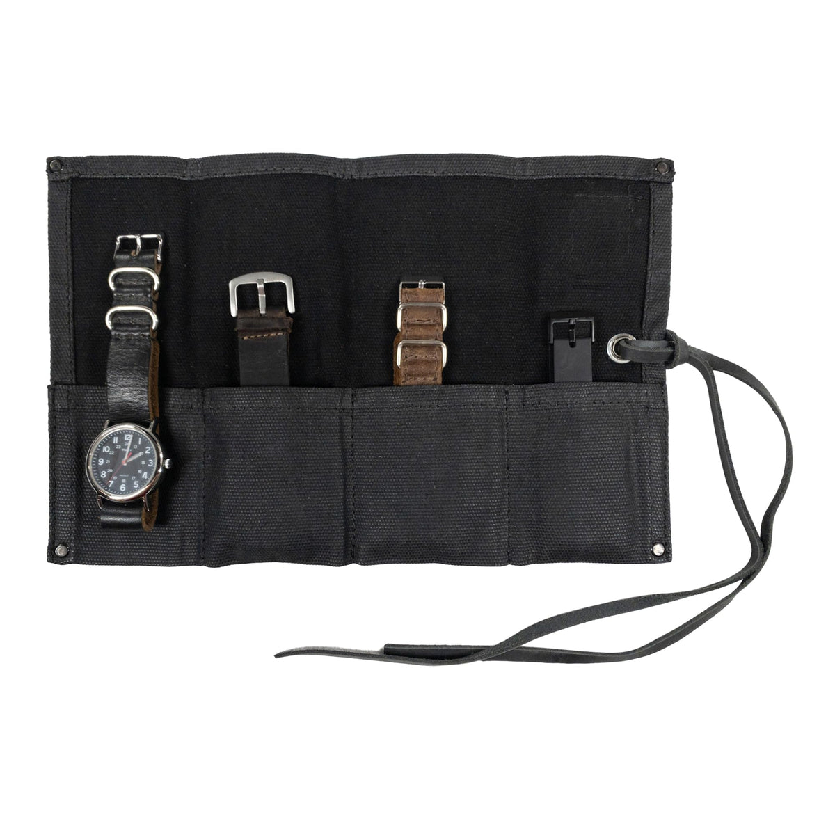 Hide & Drink, Waterproof Waxed Canvas Travel Watch Roll Organizer with 4 Slots, Easy Carry On Watchlover Storage, Handmade Travel Case, Charcoal Black