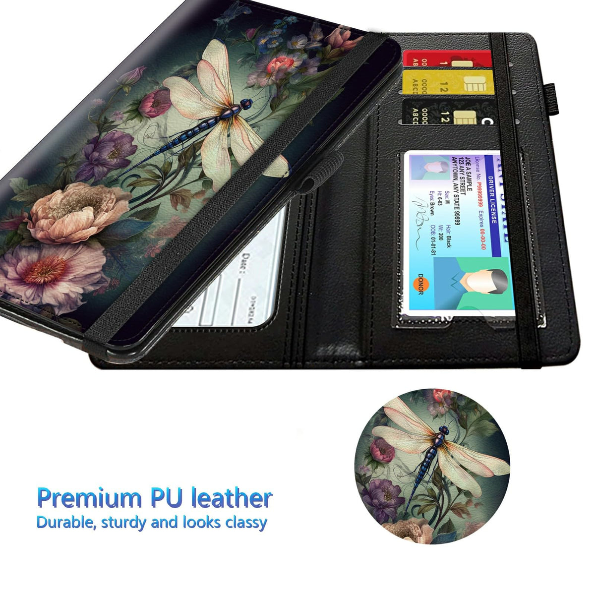 BREIDMKFM Leather RFID Check Book Cover with Credit Card Slots, Personal Duplicate Checks Holder with Pen Holder, Dragonfly Peony