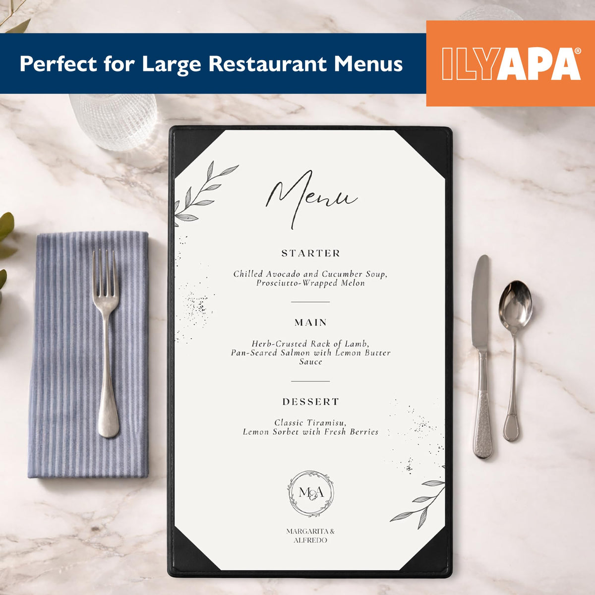 Ilyapa 10 Pack Restaurant Menu Covers 11 x 17 - Vinyl Leather Menu Holder, Single Sided Book with Corner Sleeves for Display of Wedding Menus, Weekly Kitchen Specials & Bar Drinks for Table Top