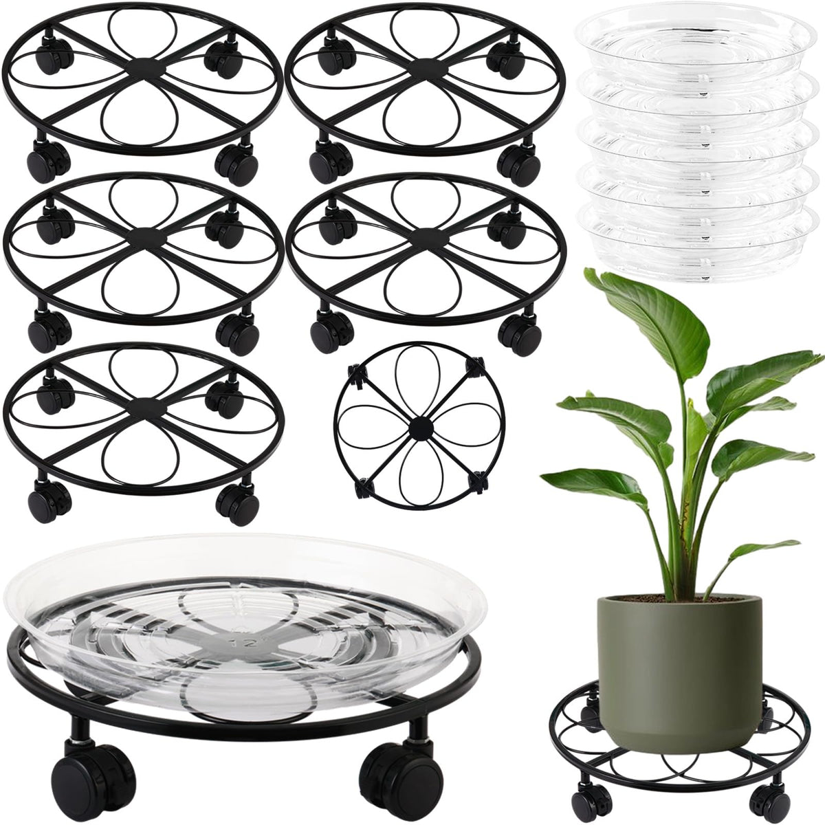 DEELF OUTLET 5 Packs 12 inches Large Metal Plant Caddy with Wheels Round Planter Dolly Pot Mover Rollers Wrought Iron Rolling Plant Stands Indoor Outdoor Wheeled Plant Holder Coaster Trolley, Black