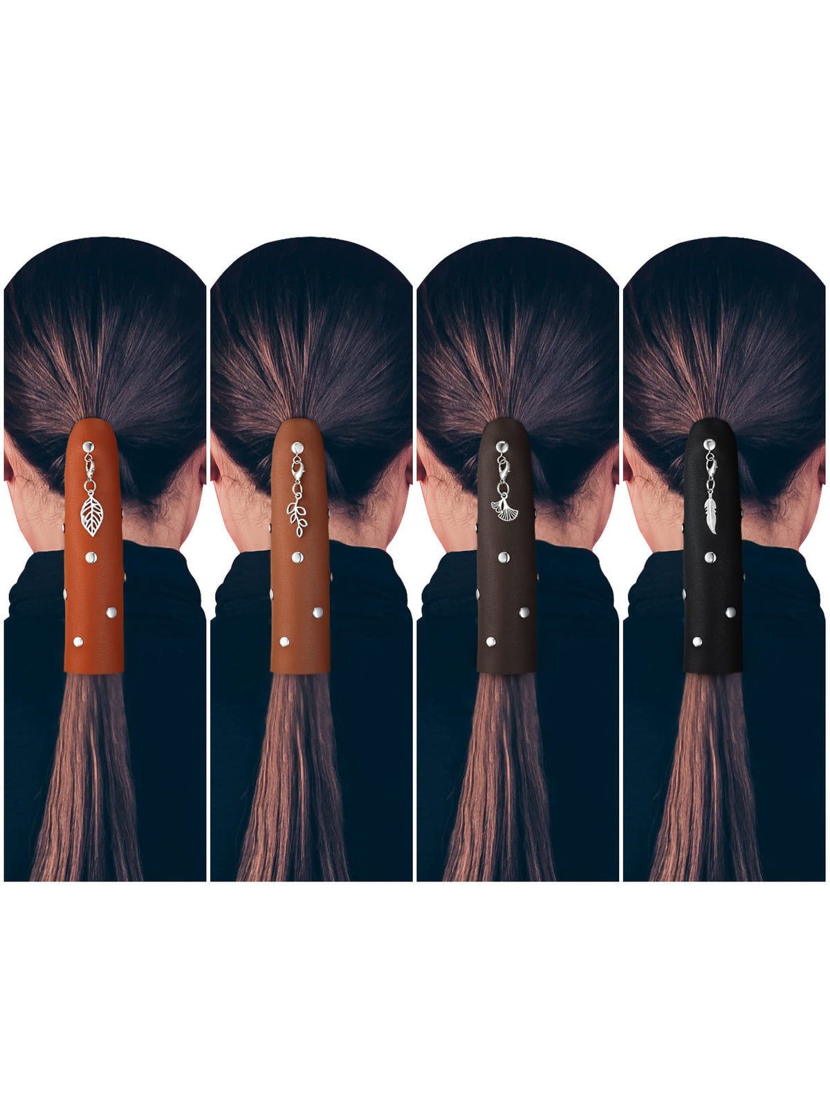 Yinkin 4 Pcs Leather Hair Wrap Motorcycle Ponytail Hair Wrap Ties for Woman PU Ponytail Holder Braided Helmet Bike Accessories (6 Inch, Black, Coffee, Brown, Reddish Brown)
