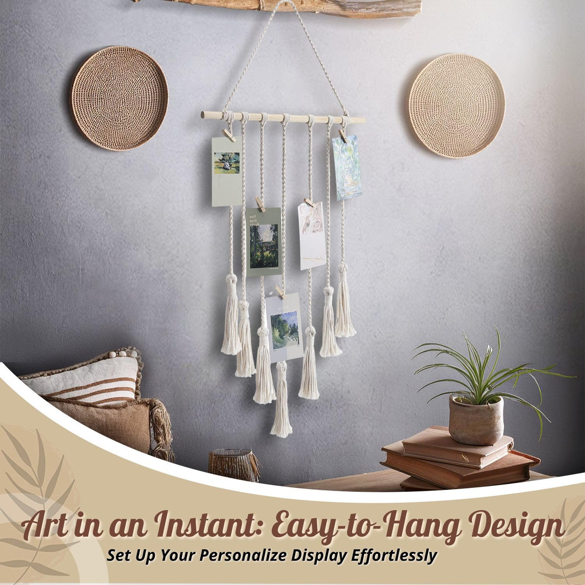 Flexzion Macrame Hanging Photo Display Wall Decor - Handwoven Boho Picture Collage Decor Hanger with 25 Wooden Clips & Cotton String Holder Organizer for Bedroom, Living Room, Home, Dorm, Gift