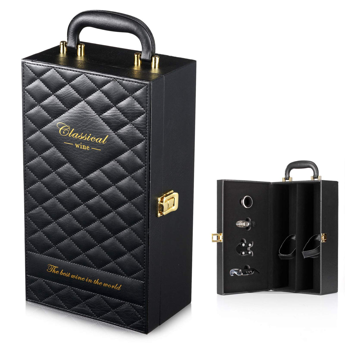 HiCrast Wine Box, 2-Bottle Leatherette Top Handle Wine Carrier Case With 4 Accessories