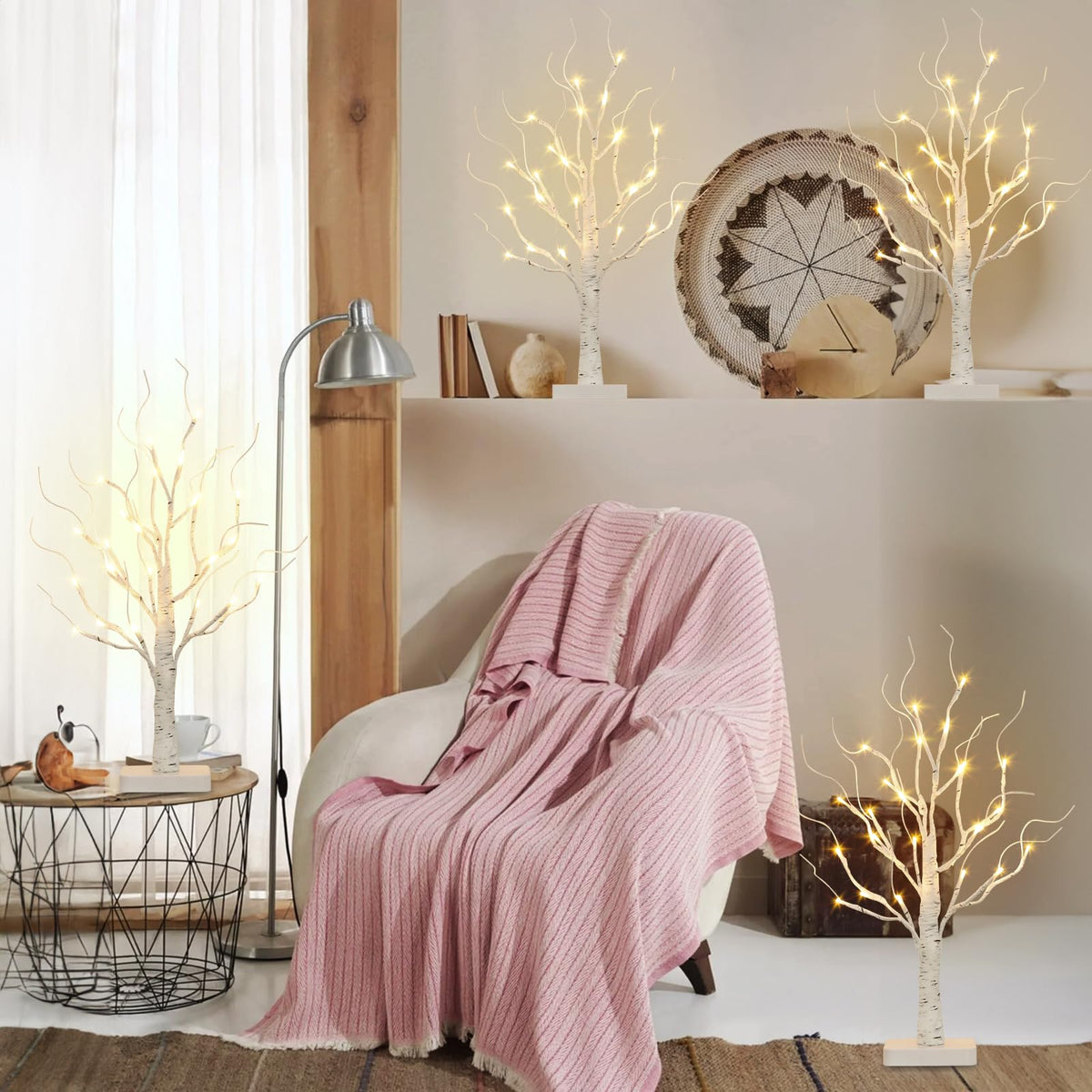 Vanthylit 4 Pcs Lighted Birch Tree Battery Powered Tabletop Tree Decorations for Home Fireplace Party Christmas Decorations (22 Inch)