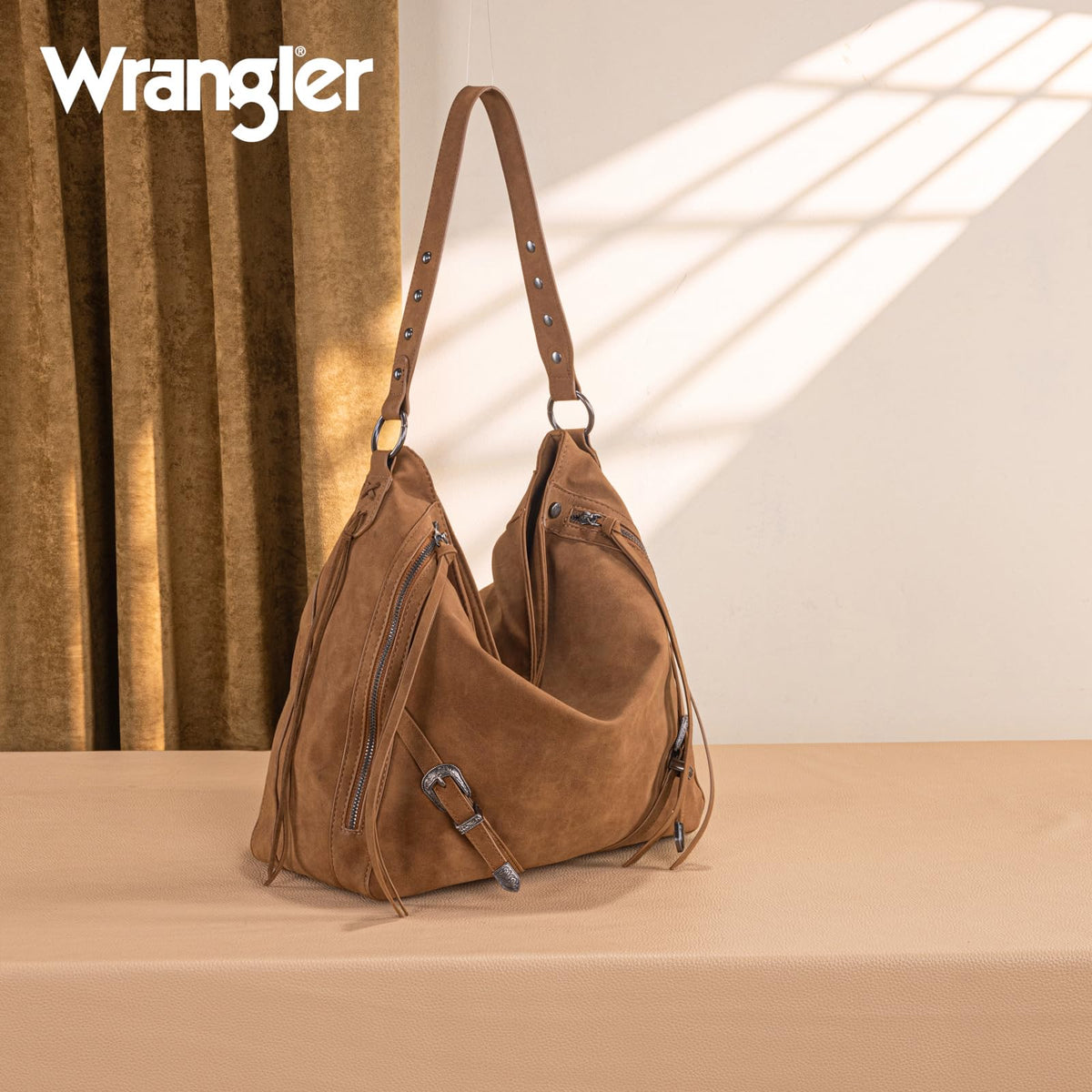 Wrangler Large Brown Hobo Bags for Women Purses and Handbags with Buckle Fringe Zipper Faux Suede Leather Shoulder Bag WG245-918BR