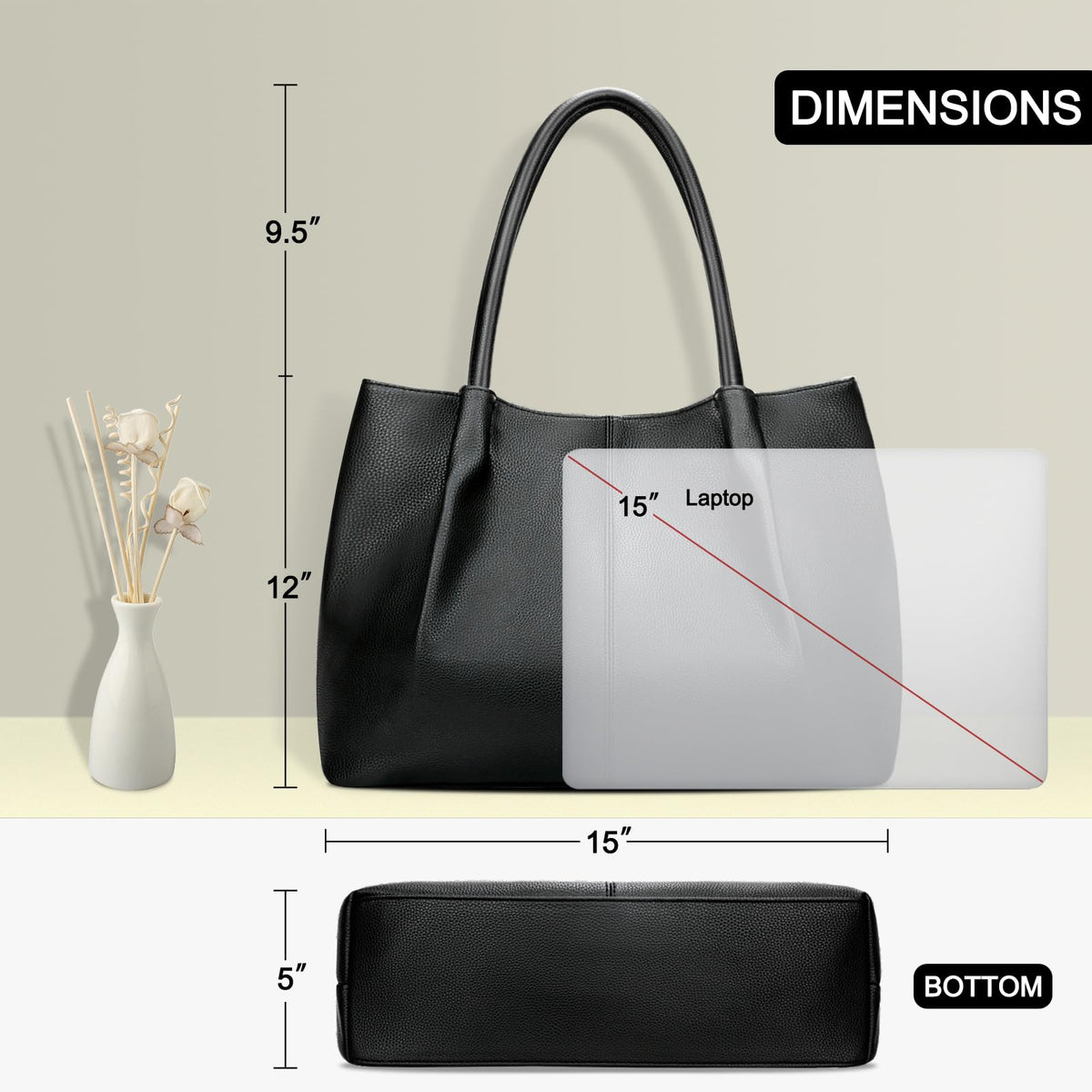 KKXIU Tote Bag for Women Vegan Leather Shoulder Purse Large Capacity Travel Bag (Black)