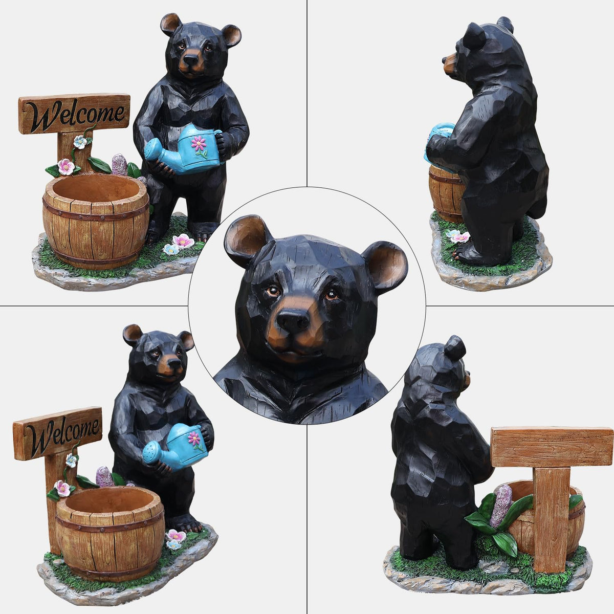 elesculor Black Bear Garden Statue Planter with Welcome Sign & Watering Can, Resin Outdoor Flower Pot, Decorative Animal Planter for Patio, Yard, Lawn, Cabin Decor