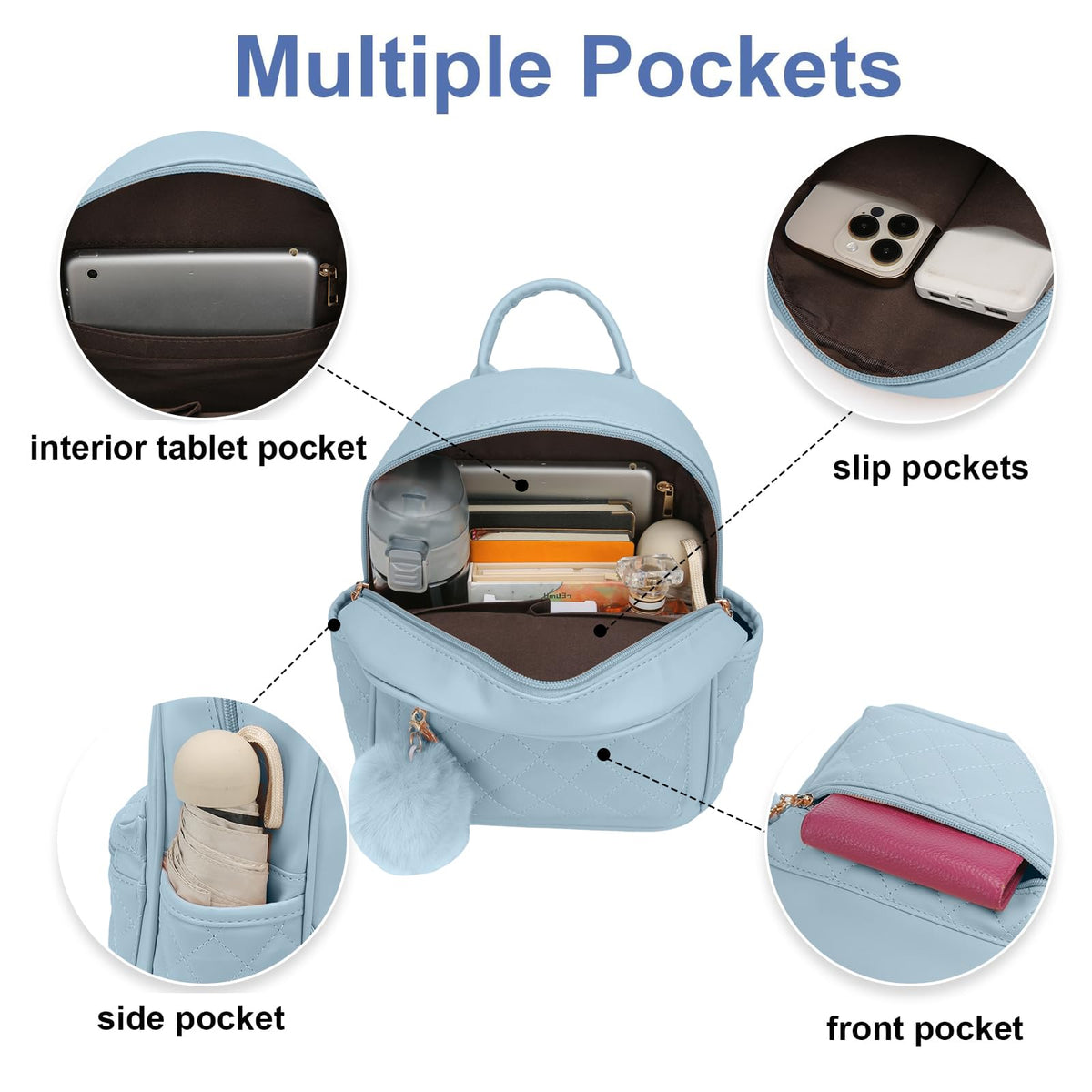 Girls Fashion Mini Backpack Purse Small Cute Plaid Leather Women Backpacks Little Bag, Mint Blue