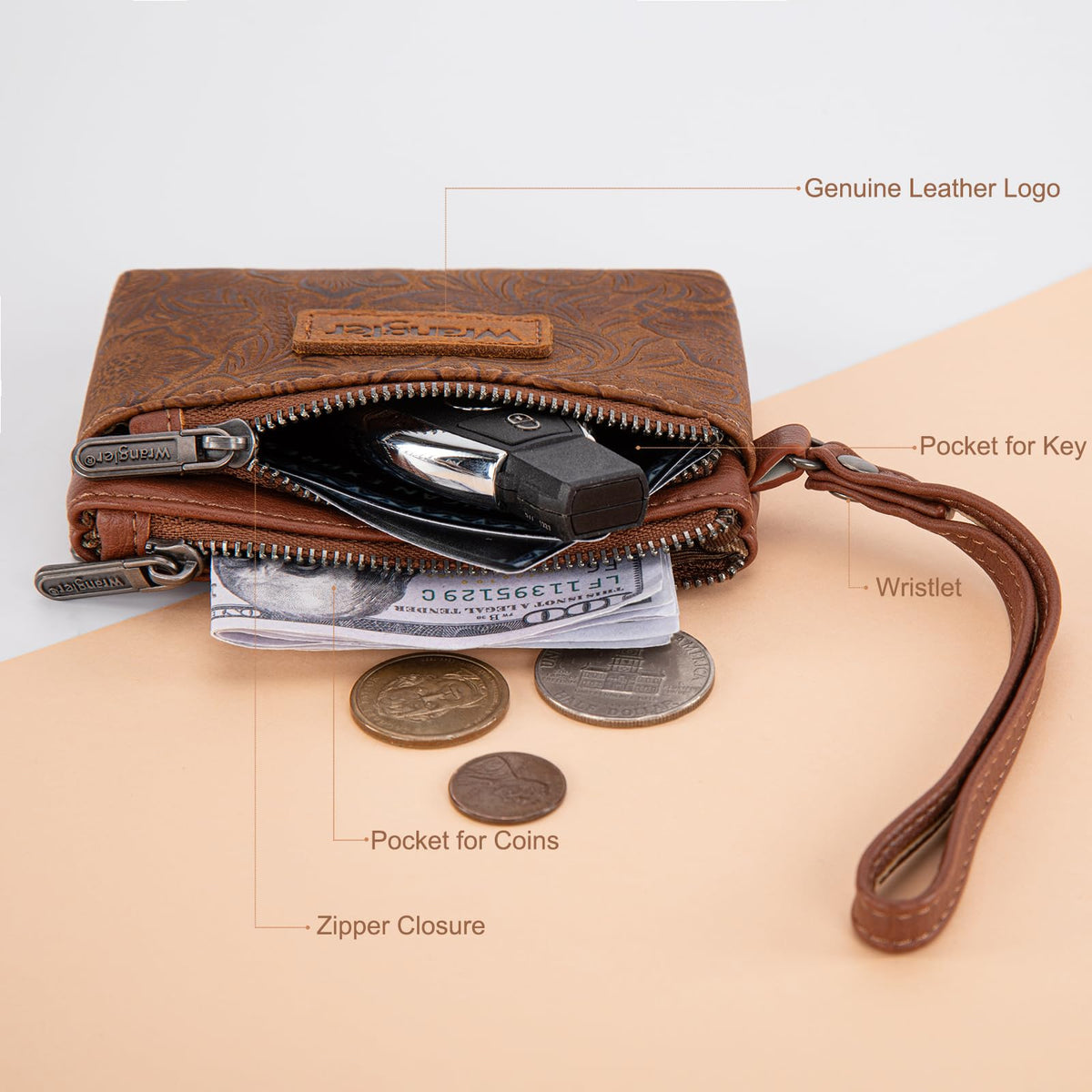 Wrangler Coin Purse for Women RFID-blocking Floral Embossed Change Pouch Wristlet Wallet Lightweight Portable Wallets Brown