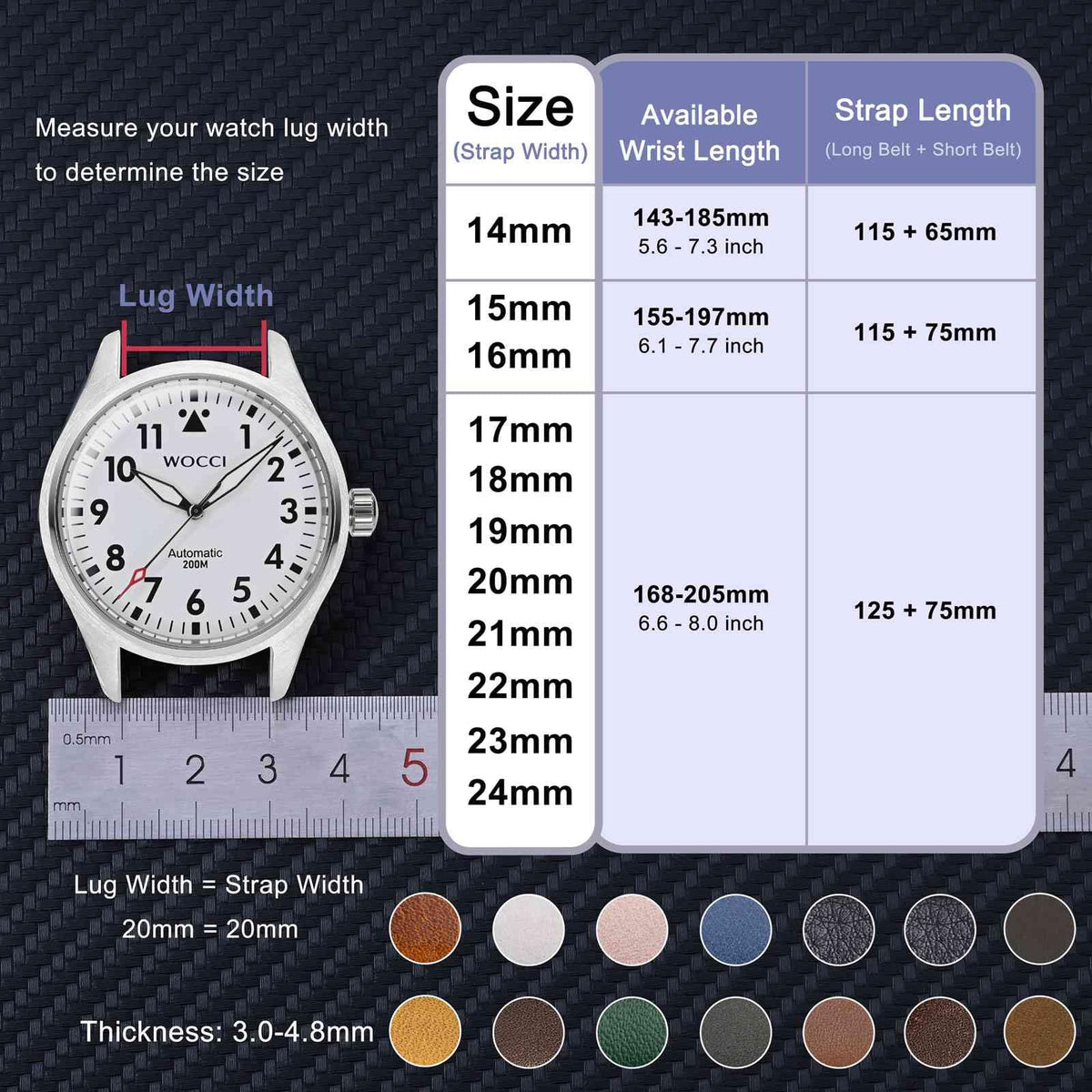 WOCCI 22mm Vintage Leather Watch Band for Men and Women, Silver Buckle (Black)