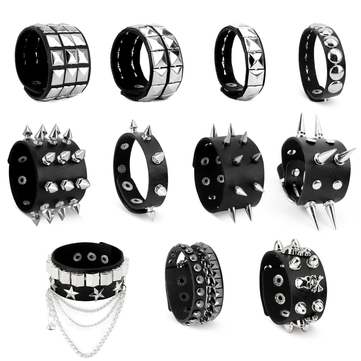 DTUIEUI Punk Set 11pcs Black Leather Cuff Bracelet, Studded, Spiked, Emo, Goth, Spike, Studded Arm Band, 80s Punk Gothic Rocker Halloween Costume Accessories