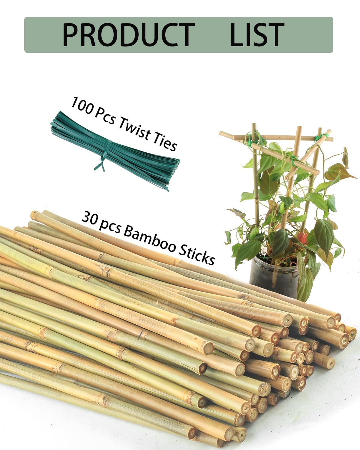 Moromyse 30Pcs Garden Stakes, 0.32”/16 Inch Bamboo Sticks with 100 Pcs Twist Ties Natural Plant Stakes for Indoor and Outdoor Plants，Poles for Tomatoes, Beans, Potted Plants