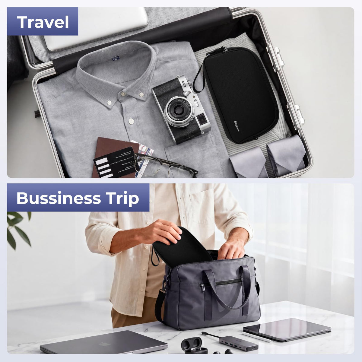 Skycase Travel Cable Organizer - Lightweight Water Resistant Dual-Layer Tech Pouch with Wrist Strap 11 Compartments Electronic Organizer Travel Case for Charger Cord Hard Drive,Large,Black