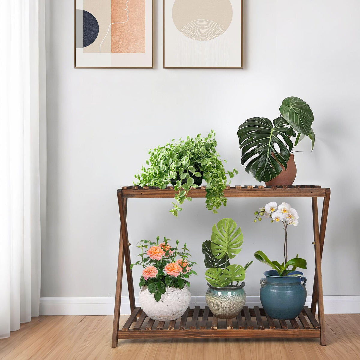 Jotboom Wooden Plant Stand Indoor 2 Tier Narrow Plant Stand Outdoor Plant Shelf Display Rack Corner Flower Rack Stand for Living Room Garden Patio Balcony (X-Cross Design)