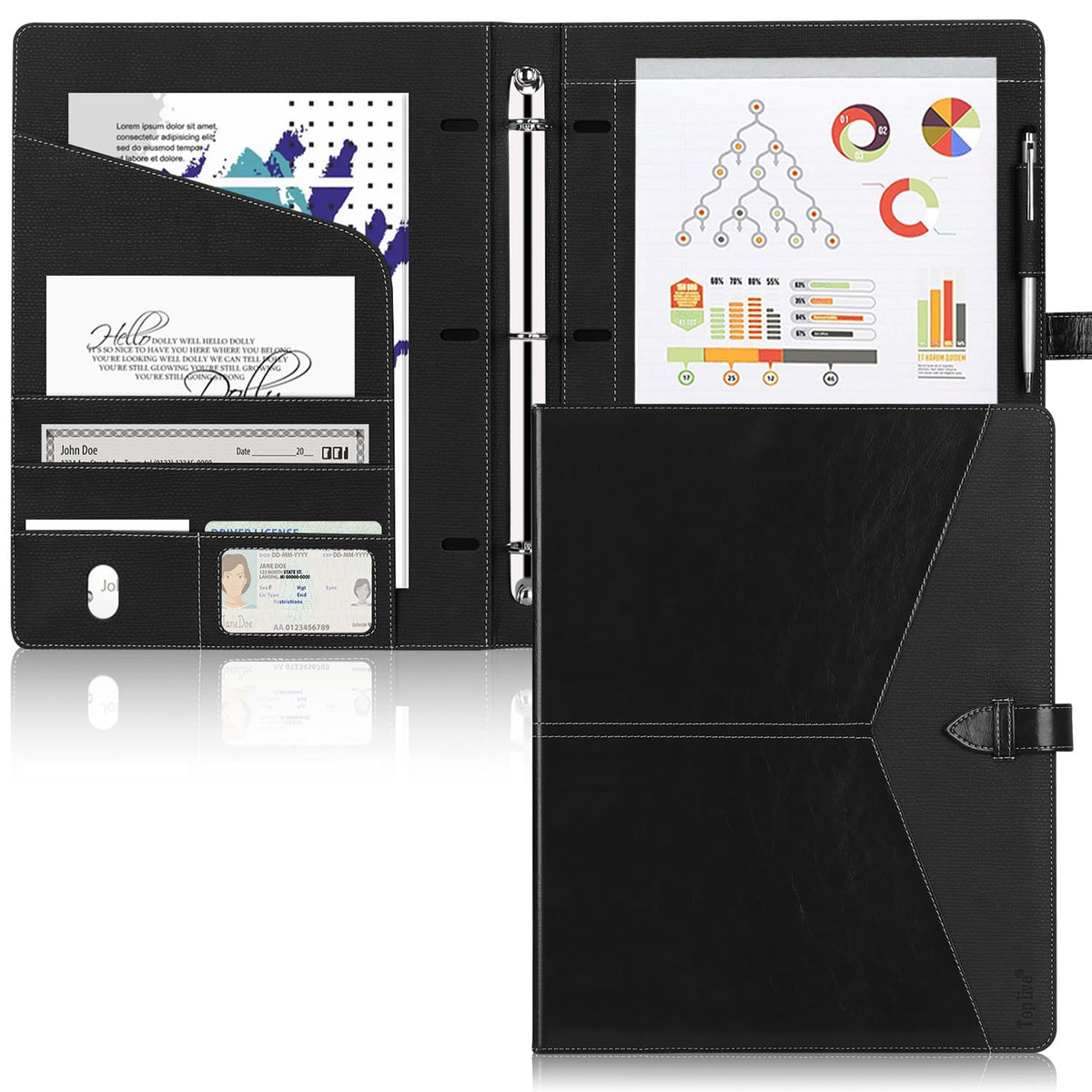 Toplive Padfolio 3 Ring Binder Organizer Business Portfolio Folder for Women, A4/ Letter Size PU Leather Professional Portfolio Padfolio for Interview Conference Presentation, Black