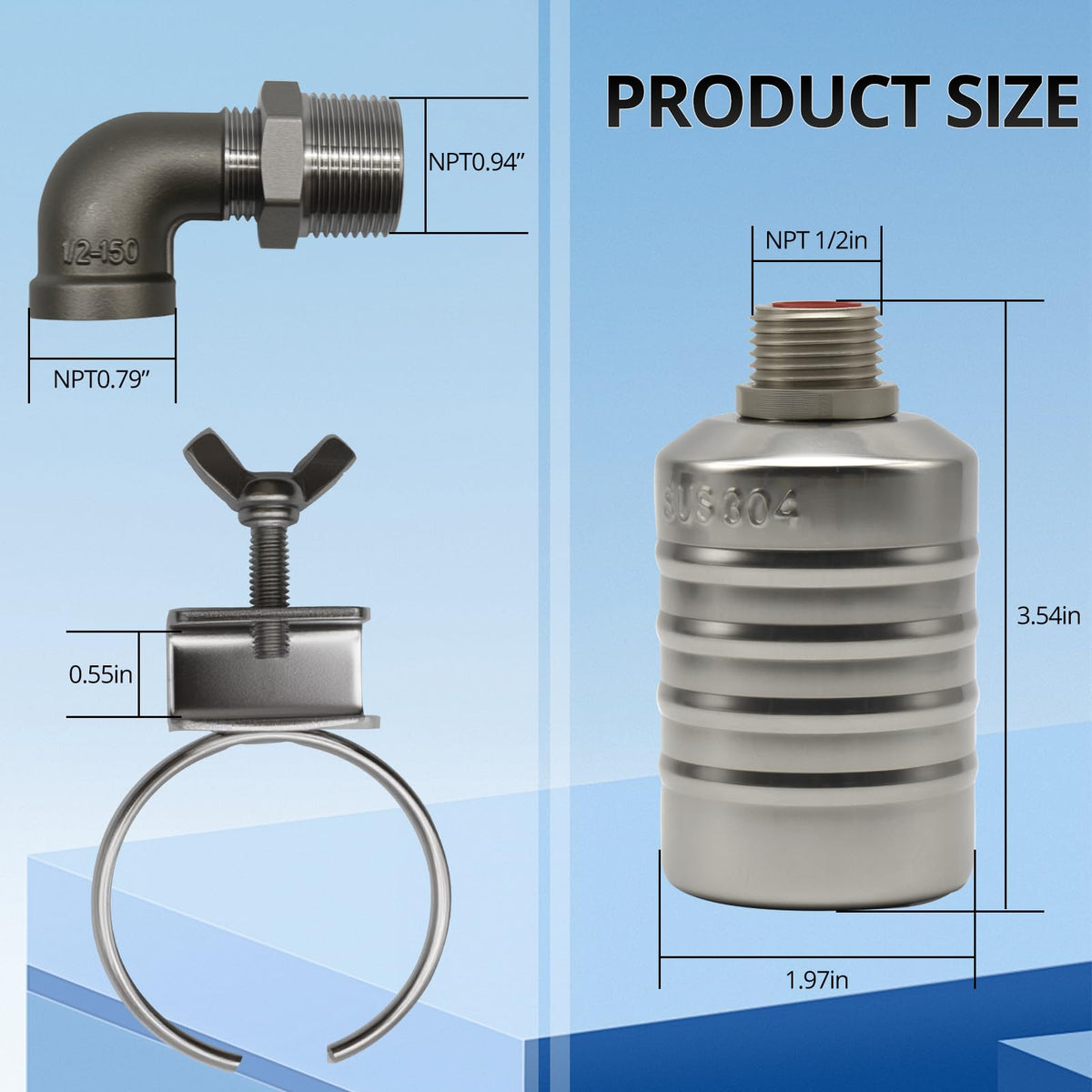 HXH 1 Pack NPT Water Float Valve Kit, 1/2" to 3/4'' Auto Shut off Water Level Control Float Valve, 304 Stainless Steel Fully Automatic water shut off valve for Pool, Livestock Troughs.