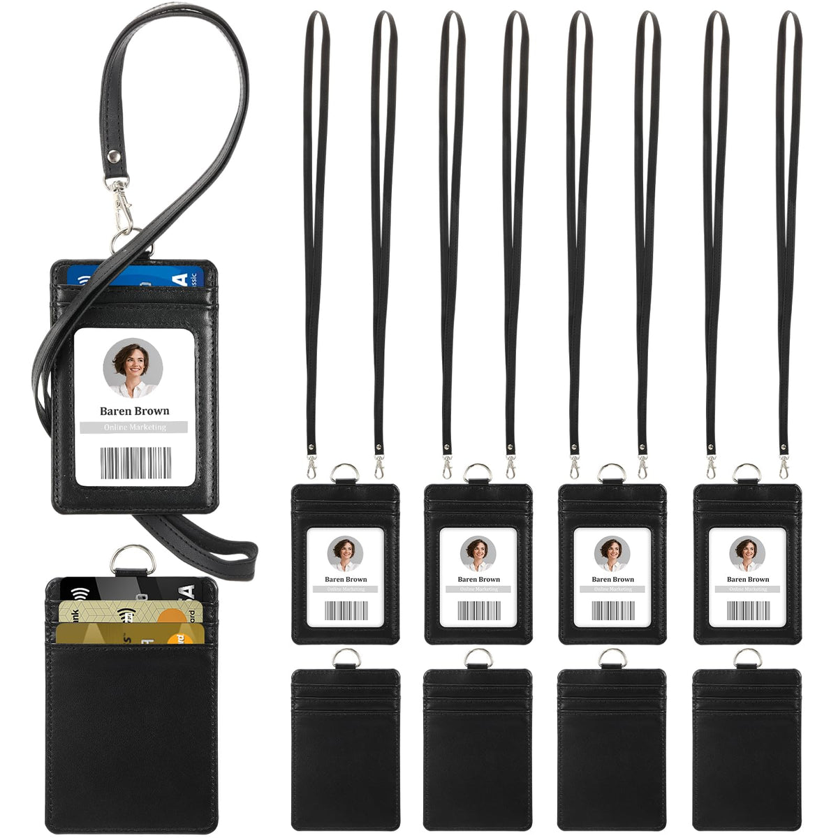 Lerheedi 8 Pack Graduation PU Leather ID Badge Holder, with 1 Clear Window, 5 Credit Card Slots and Lanyard Strap(Black)