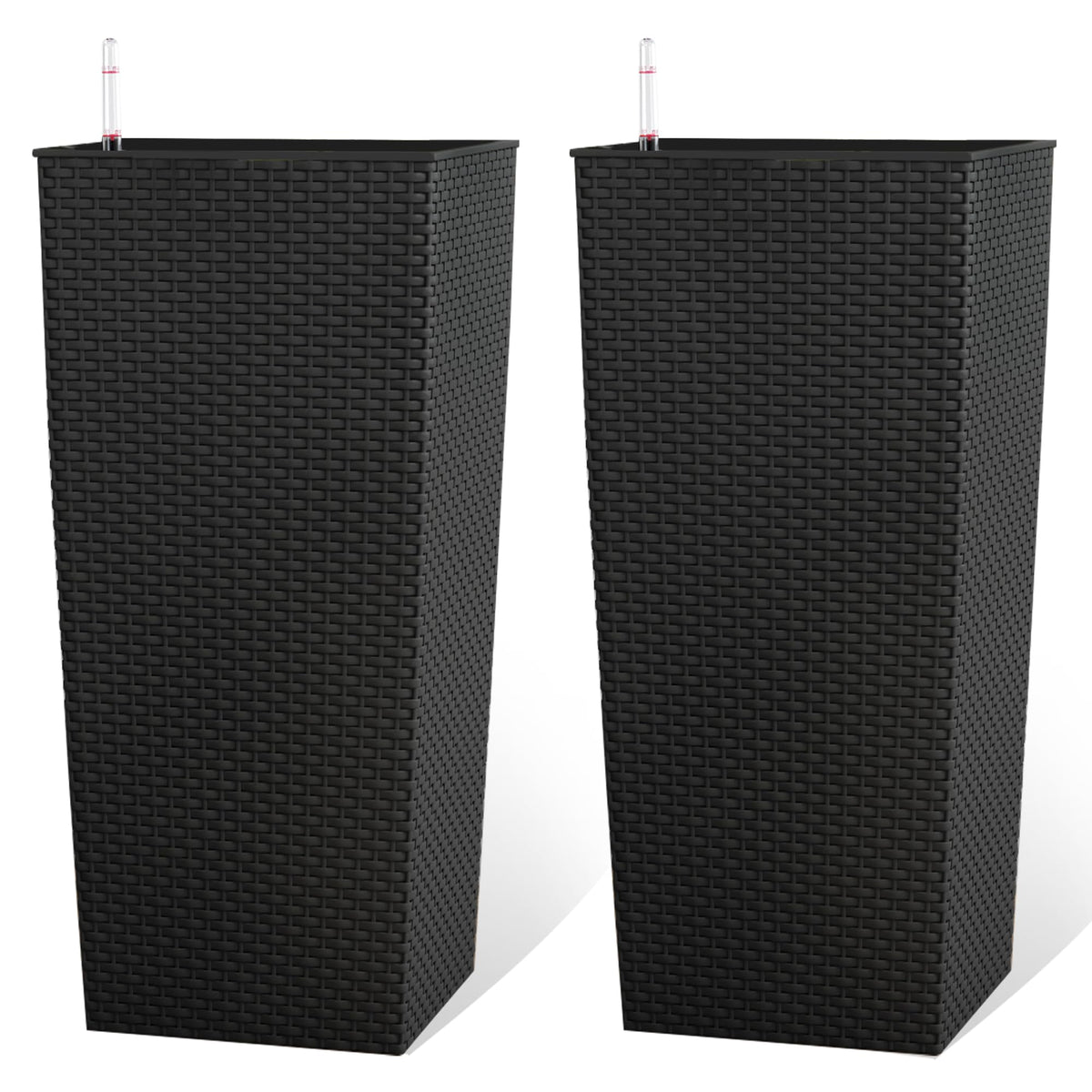 Vigo huseeo 23in Tall Planter Set of 2, Large Self Watering Pots for Indoor/Outdoor Plants with Drain Holes, Water Level Monitor, Inner Bucket for Front Porch Patio, Black Rattan