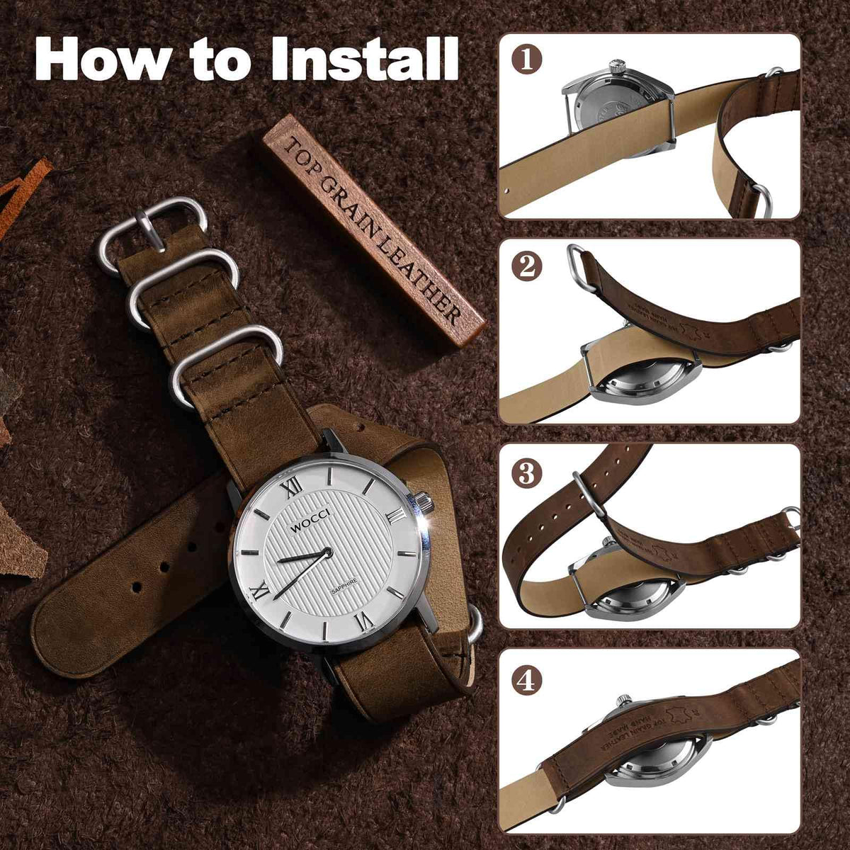 WOCCI 20mm One-piece Watch Band for Men, Top Grain Leather, Brushed Hardware (Retro Brown)