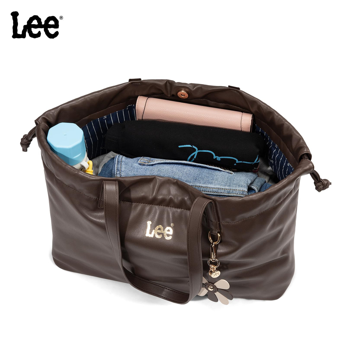 Lee Leather Tote Bag for Women, Spacious Vegan Leather Shoulder Bag & Handbag with Drawstring Closure, Durable Shoulder Straps, Large Capacity Work & Travel Purse, LEE73-001CF