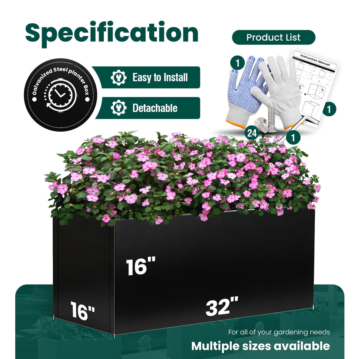 Galvanized Steel Metal Planter Rectangular Indoor 32" L x 16" W x 16" H Black Planter Box Rectangule Planter Large Outdoor Planters Steel Commercial Residential for Plants, Yard, Patio, Garden