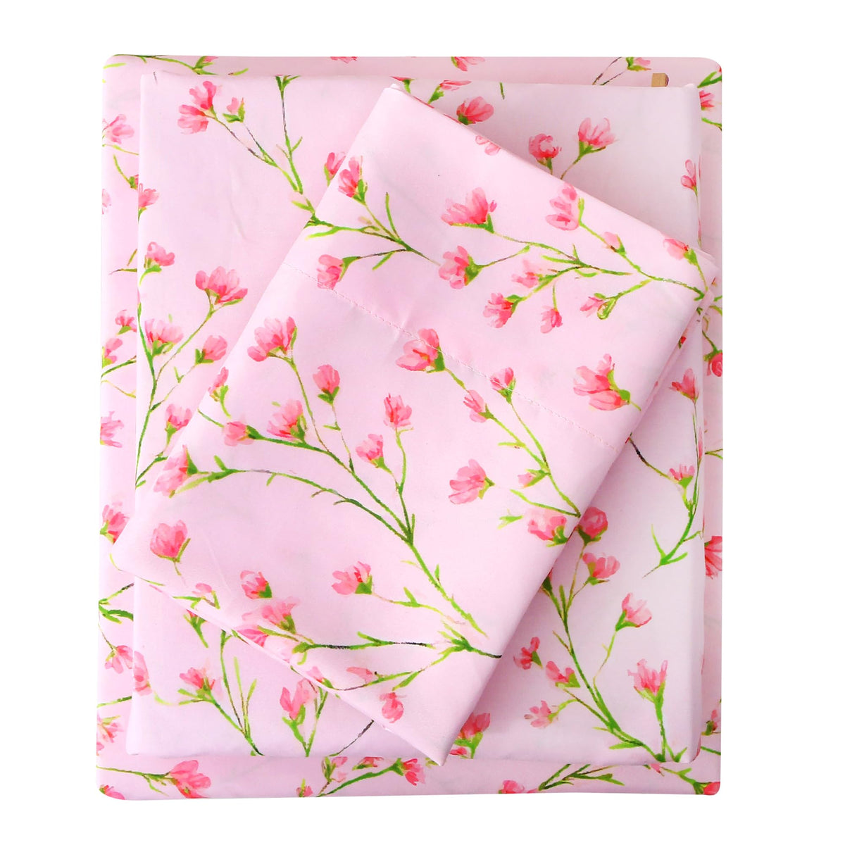 Mooreeke Cozy Floral Microfiber Printed Queen Sheet Set - Soft & Breathable Pink Flowers Bed Sheets with Deep Pocket - Non-Slip Fitted Design - Pink Flowers with Green Branches Pattern - Queen