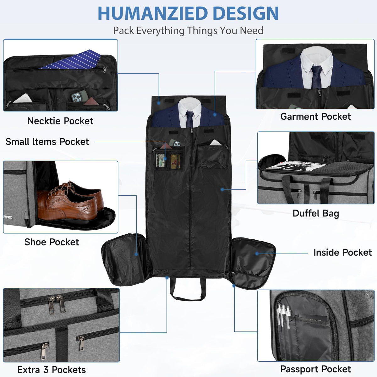 IBVIVIC Convertible Garment Bags for Travel, 2-in-1 Carry On Garment Duffle Bag With Shoe Compartment for Women Men, 50L Hanging Suitcase Suit Travel Bags with Shoulder Strap, Grey