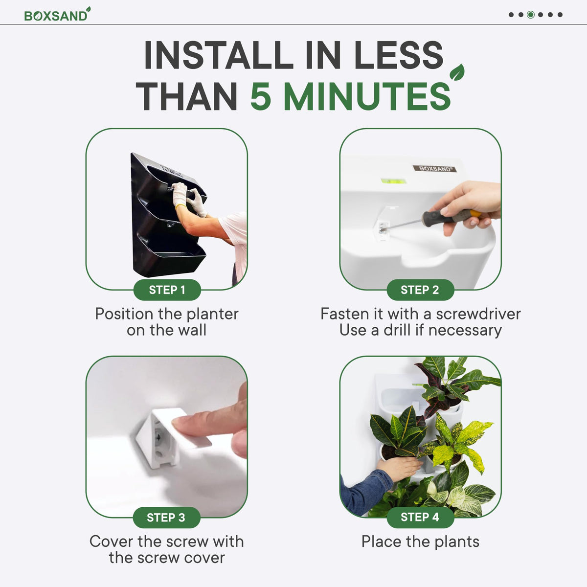 BOXSAND-6 Vertical Wall Planter (12"x26", White with Black Pots) – Living Wall for 6 Plants, Indoor/Outdoor Vertical Garden System, Easy 2-Screw Install