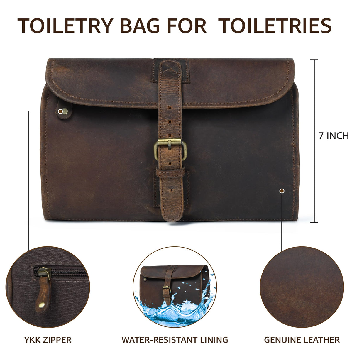 LEATHER VILLAGE Hanging Genuine Leather Toiletry Bag for Men – Handcrafted Vintage Travel Dopp Kit with Waterproof Lining, Shaving Organizer and Shower Bathroom Essentials Case - Brown