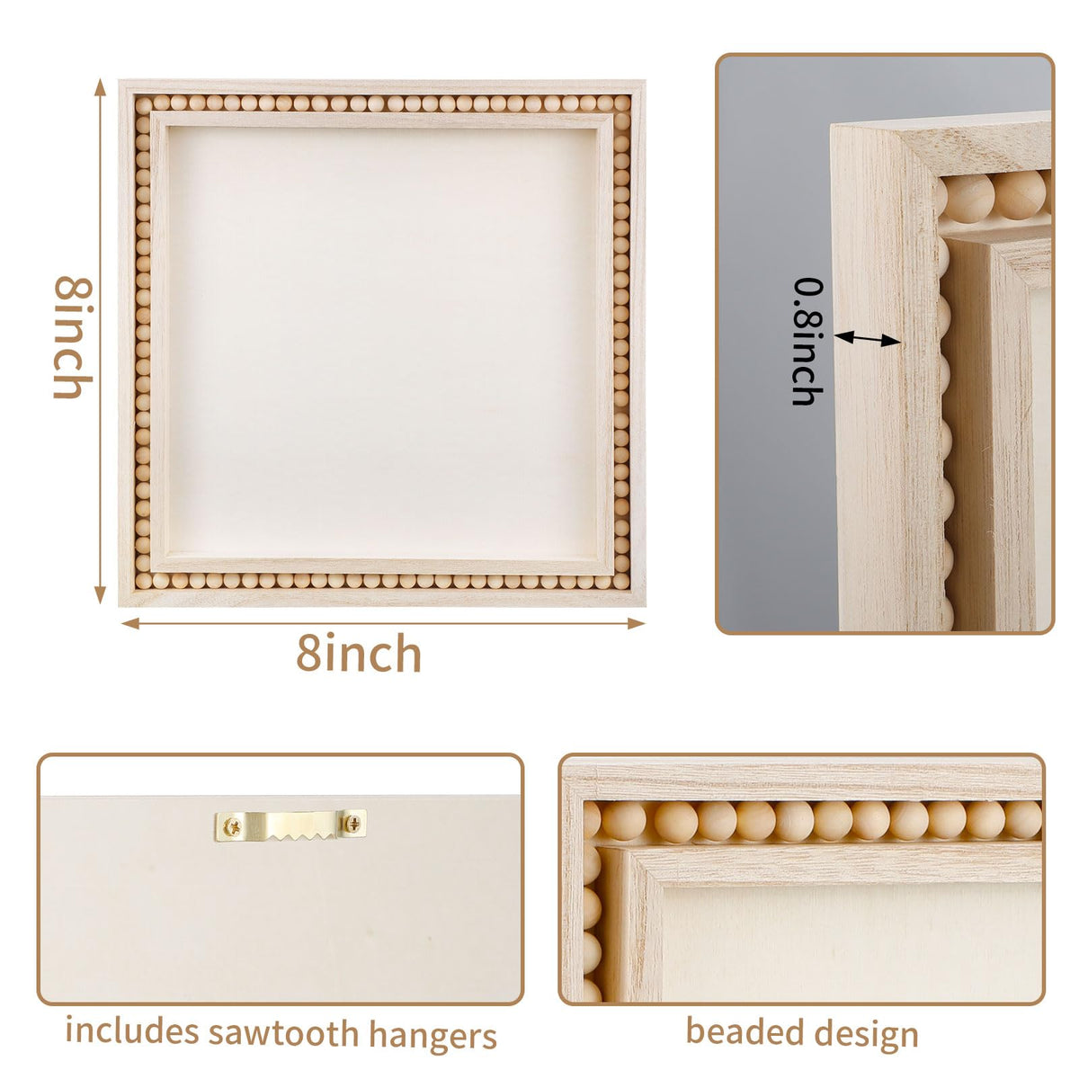 Wenqik 4 Pack Beaded Wood Canvas Panels Unfinished Wooden Blank Framed Signs Boho Style Panel Boards Square Plaques for DIY Crafts Painting Pouring Drawing Art Projects(8 x 8 Inch)