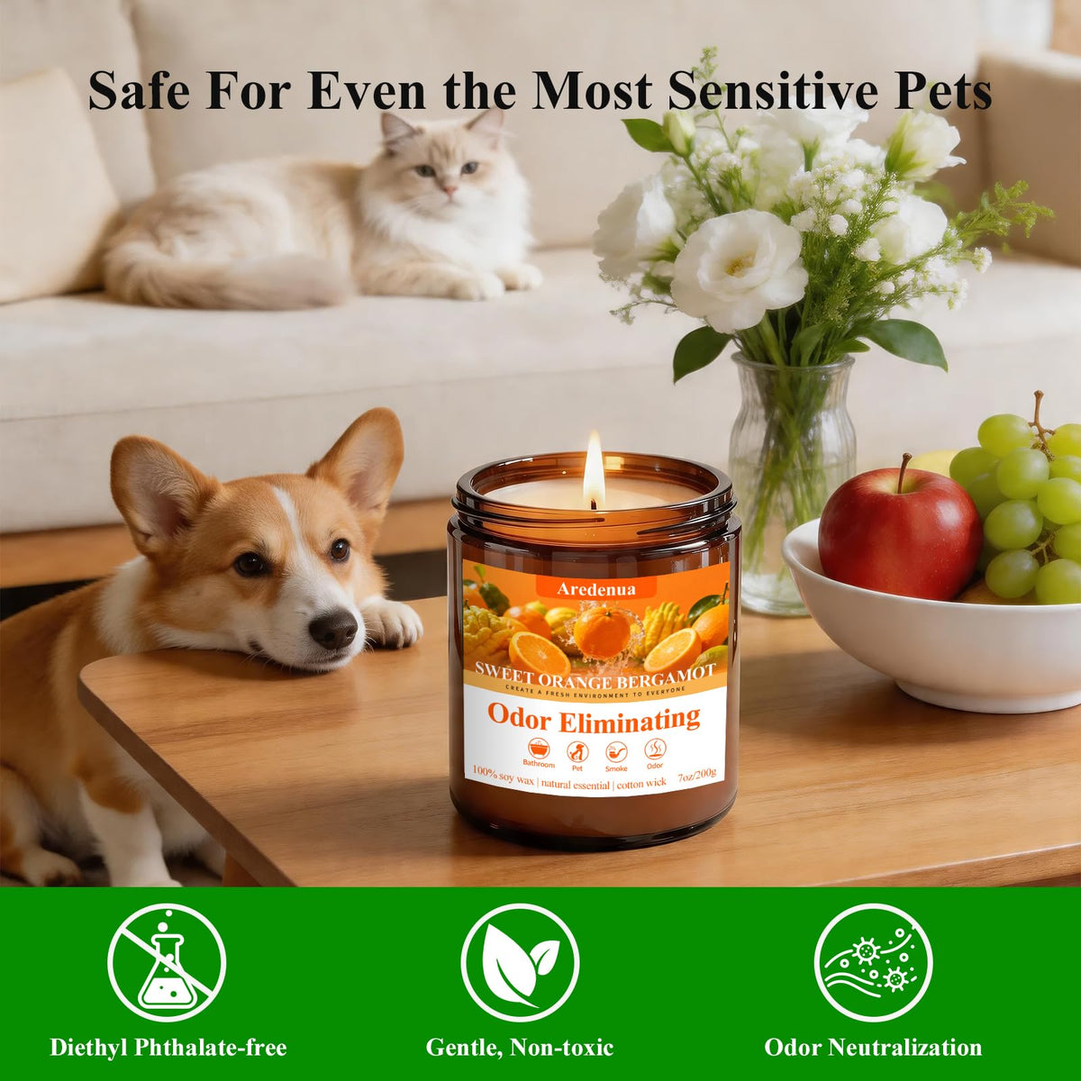 4 Pack Odor Eliminating Candles Set - Eliminates 95% of Pet, Smoke, Food & Other Smells - Hand Poured Non-Toxic Soy Candle, Air Freshing Scent of Lavender/Orange/Mint/Cotton - Gifts Set for Women