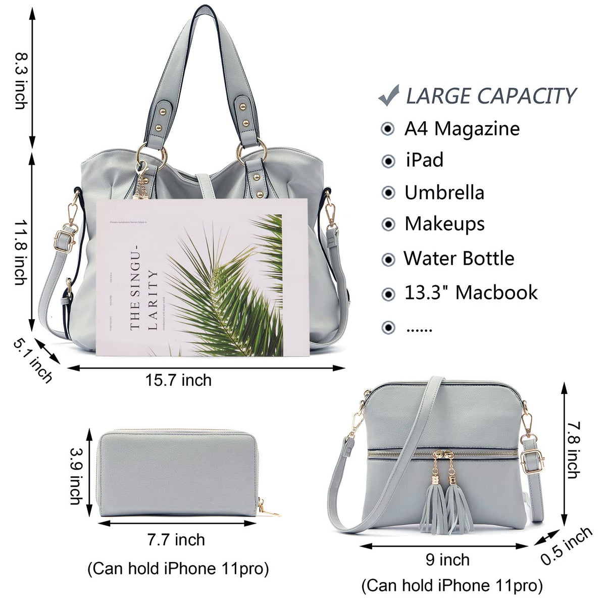 Purses And Wallets Set For Women Tote Handbags Large Hobo Bag, Grey