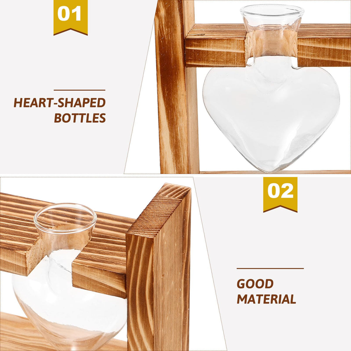 GLSTOY Glass Hydroponic Planter Vase with Wooden Stand, Heart-Shaped Glass Terrarium for Indoor Plants, Desktop Flower Pot for Home and Office Décor
