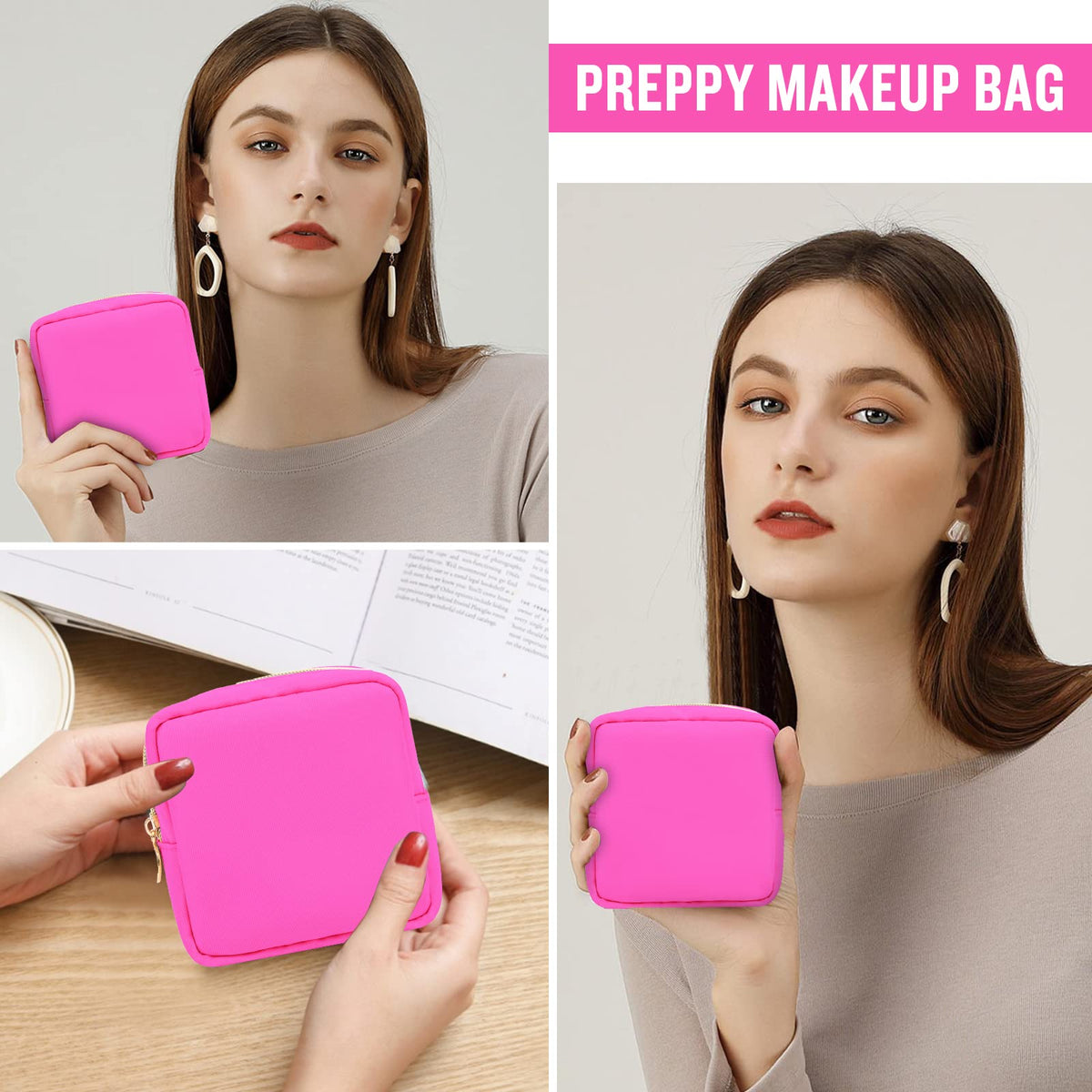 Nylon Mini Makeup Bag for Purse, Preppy Small Cute Makeup Bag Cosmetic Zipper Pouch Purse, Waterproof Travel Coin Pouch Sanitary Napkin Storage Bag Clutch Make Up Organizer for Women Girls(Hot Pink)