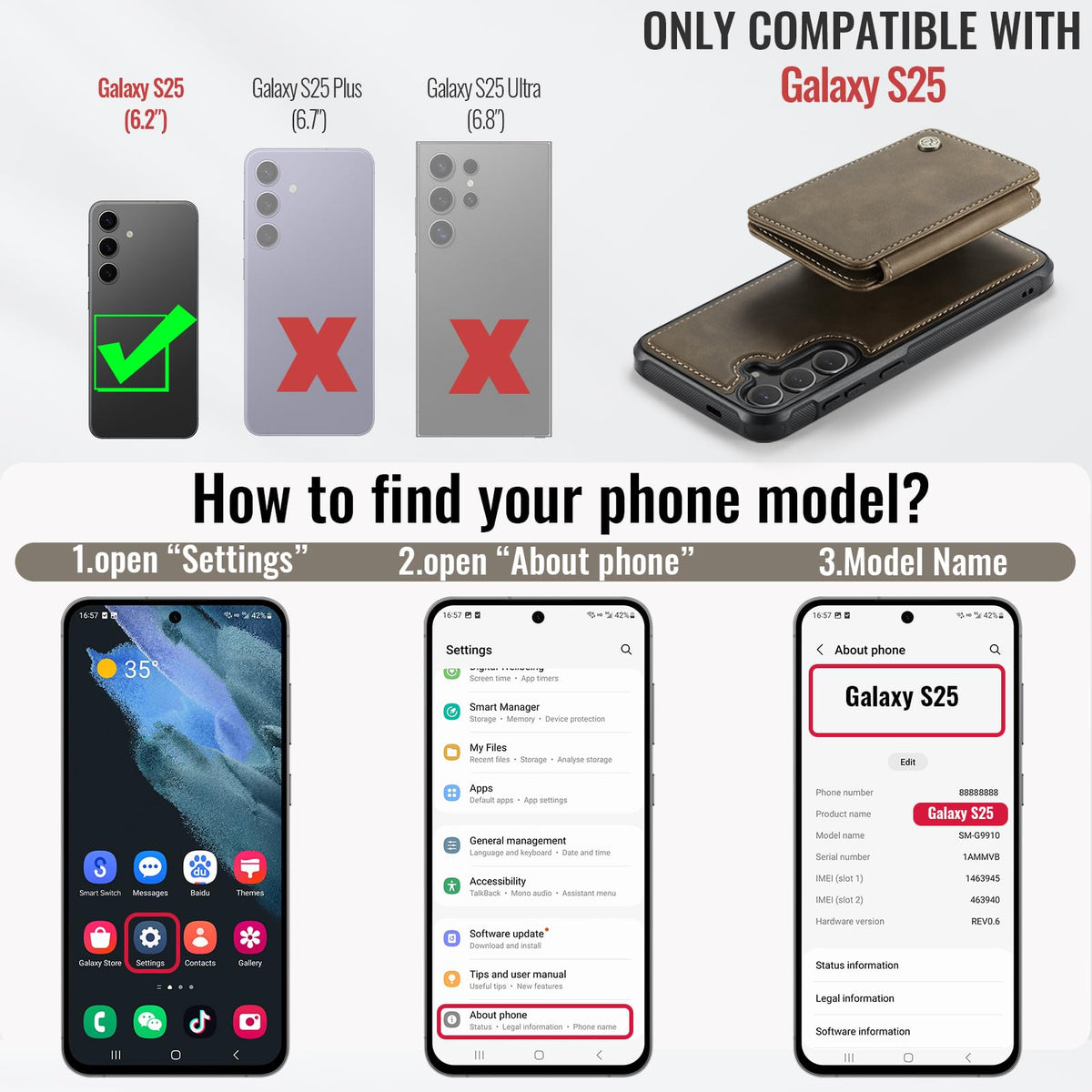 Usroom Compatible with Magsafe for Samsung Galaxy S25 Wallet Case Magnetic Card Holder, RFID Blocking 2 in 1 Detachable Kickstand Shockproof Case for Women Men, Brown
