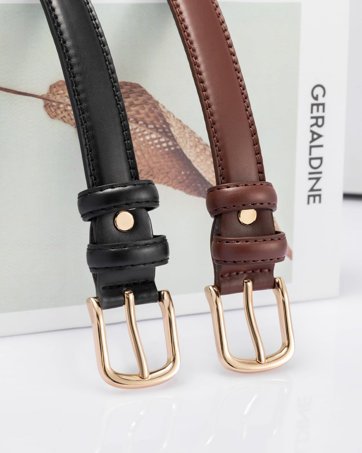 Alphyly Neries 2 Pack Leather Belts for Women Trendy, Women's Belts for Jeans Pants Dresses with Gold Buckle, Black and Coffee, Fits Waist Size 39-43”