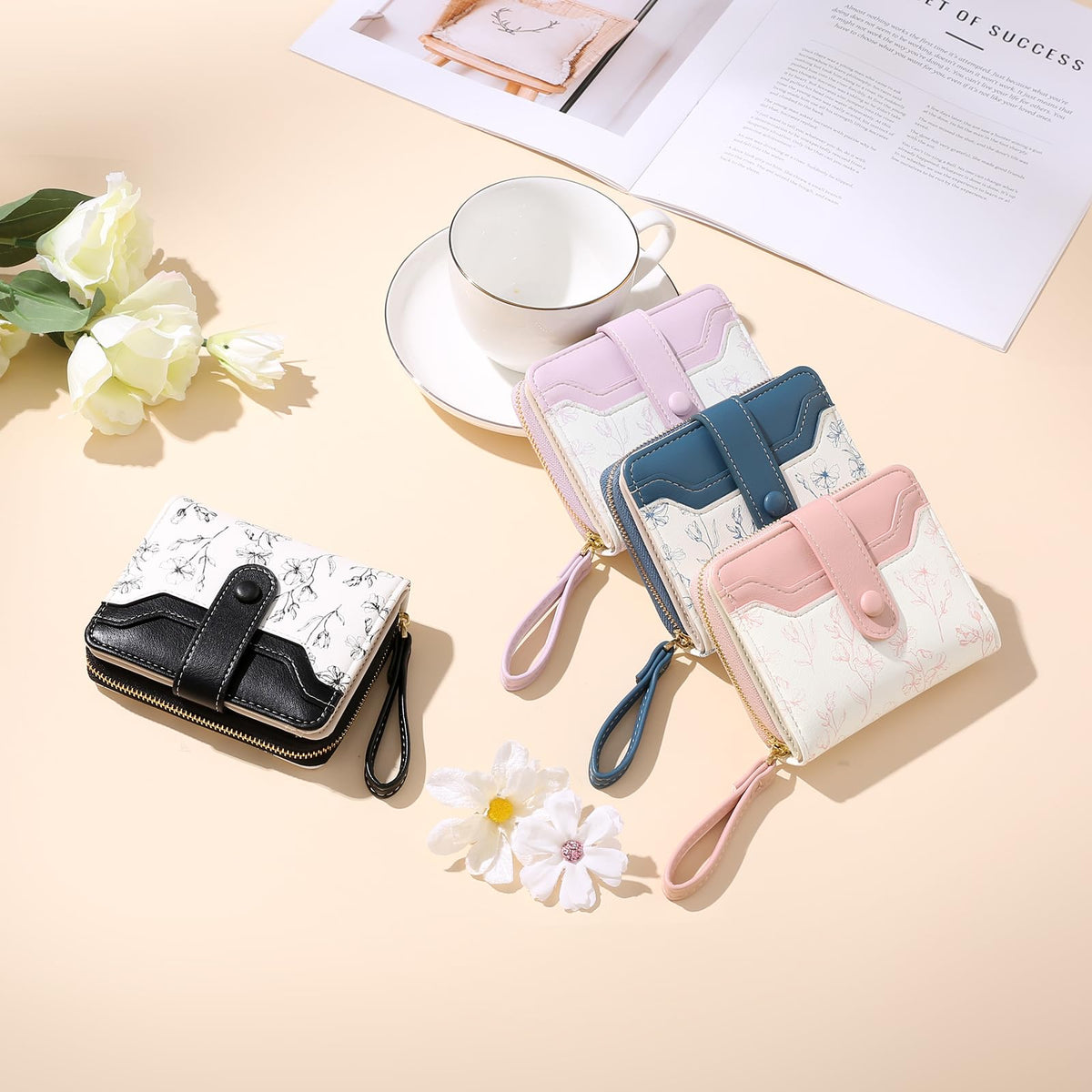 GAEKEAO Womens Wallet Slim Thin RFID Blocking Floral Leather Card Holder Bifold Long Ladies Wallet with Zipper Pocket