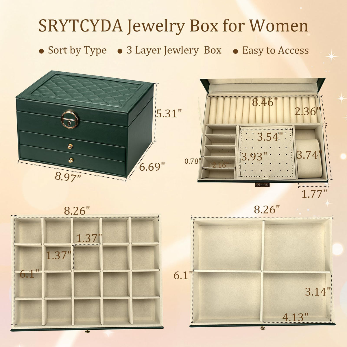 SRYTCYDA SRTCYDA Jewelry Box for Women, Large PU Leather Jewelry Organizers and Storage with Lock and Key, 3-Layer Dresser Top Jewelry Box for Holds Necklace, Earring, Ring, Bracelet, Watch (Green)
