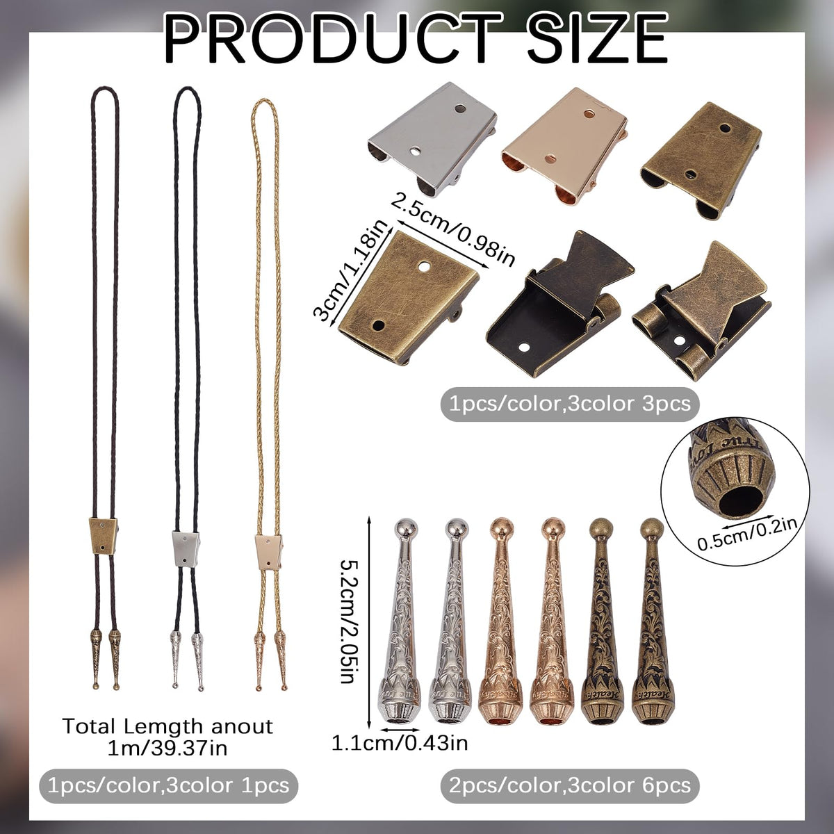 NICENEEDED Bolo Tie Making Kit, Bolo Tie Tips Replacement Accessories with 6 PCS Zinc Alloy Cord End 3 PCS Slide Clasps and 3 PCS Leather Necktie Cord, Western Style Tie Supplies for Bolo Tie Making