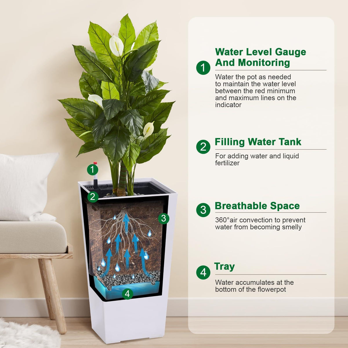 CABIHOME 22.5In Tall Planter, High Front Porch Plant Pots with Water Level Monitor, Detachable Inner Bucket & Drainage Holes, Indoor/Outdoor Decorative Flower Pot for Patio & Garden (Set of 2)