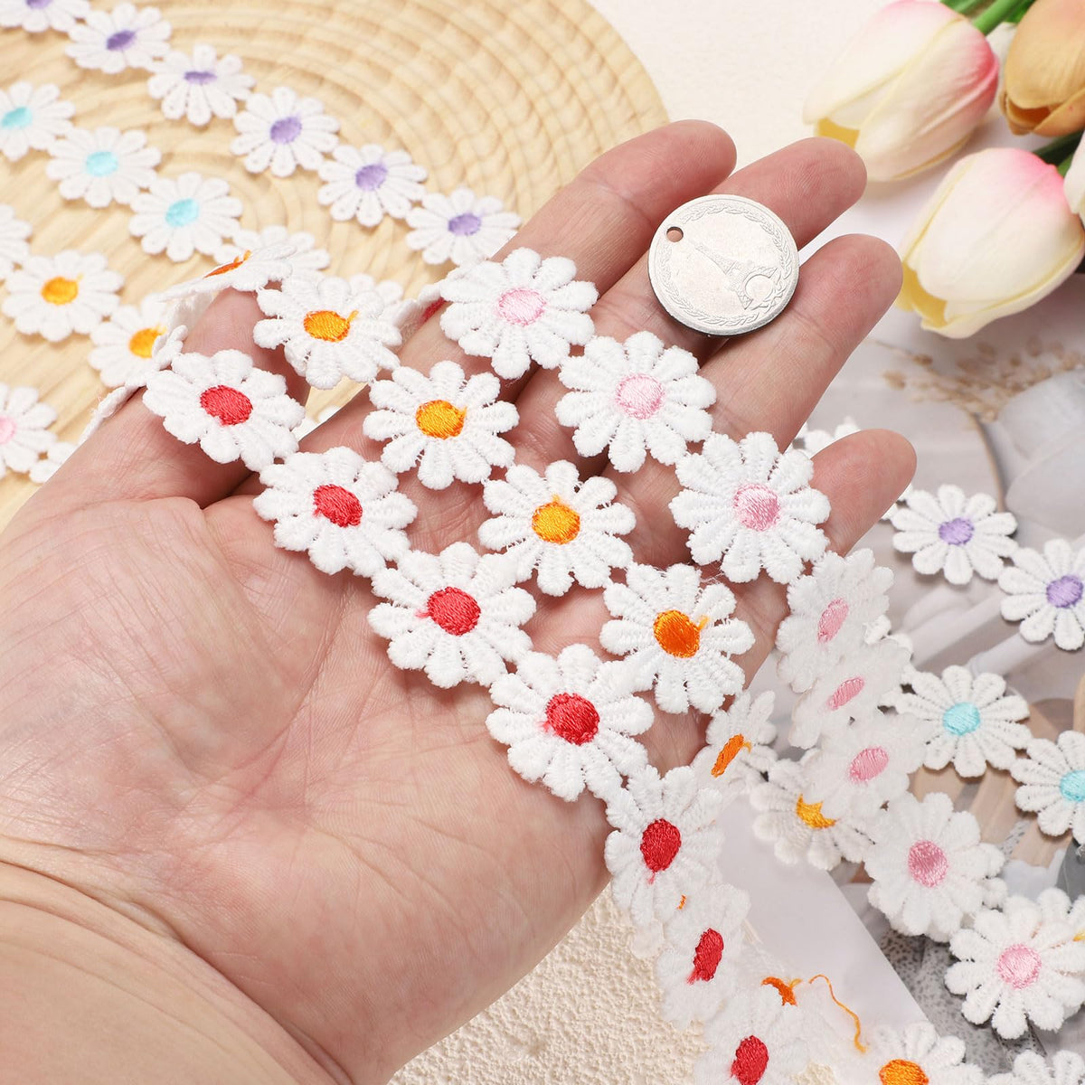 uxcell Flower Lace Trim, 5 Yards 1 Inch Wide Delicate Floral Edge Lace Trim Ribbon DIY Handmade Patchwork Ribbon Sewing Supplies Crafts, White-Purple